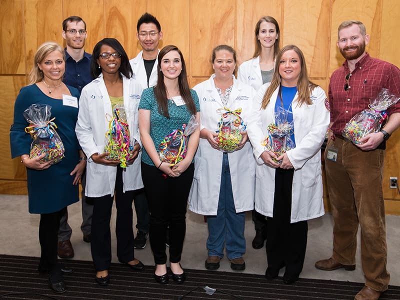 Graduate student poster award winners from left, Carolann Risley, David Spencer, Gwen Davis, Xiao Zhang, Haley Pipkins, Cassie Chandler, Lindsey Kuiper, Jessica Bradshaw and David Sandlin. Not pictured: Sydney Vita