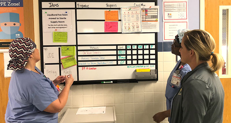 Surgical technician Angela Harrell, nurse Chandry Brown and surgical technician Haley Welch at the visual management board in a surgery ward at Batson Children's Hospital.