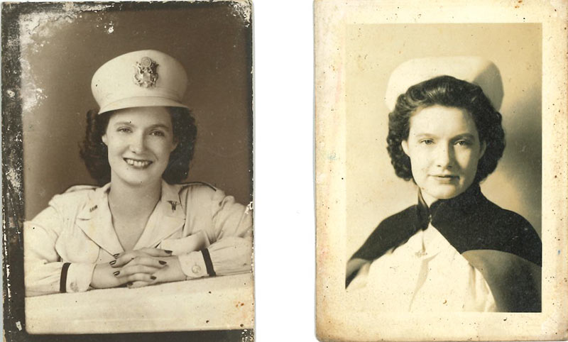 Alma Lowry Hill was an Army nurse during World War II, left, and, later, a school nurse, right.