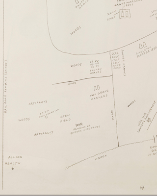 David Juergen's hand-drawn map that shows where, during his campus excursions, he found some relics and markers.