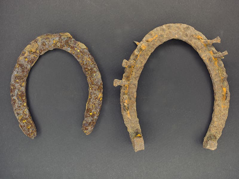 Old horseshoes with gray background.