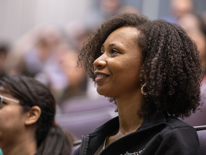 New resident Dr. Jasmine Padgett listens up during orientation at UMMC.