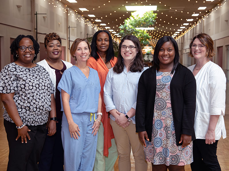 The research team for the MWCCS will include from left to right: Michelene Brock, research specialist; Tina Barnes, research/outreach specialist; Dr. Sharon McElwain, assistant professor of nursing; Venetra McKinney, clinical research coordinator; Dr. Jemma Cook, postdoctoral research fellow; Crystal Thomas, research outreach specialist; and Dr. Kayla Carr, assistant professor of nursing.