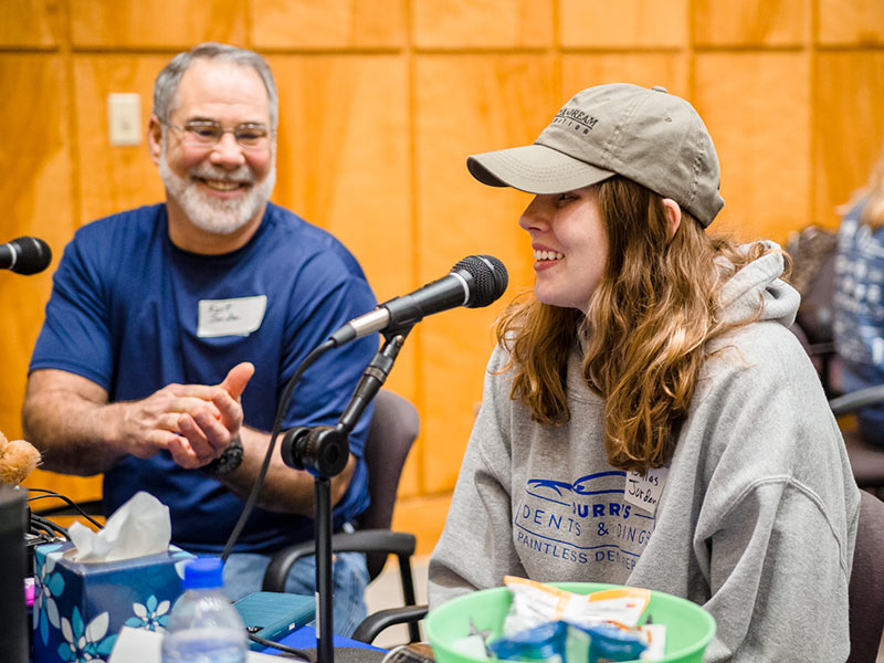 Children's of Mississippi patient Dallas Jordan of Pearl gets applause from dad Kurt during her interview.