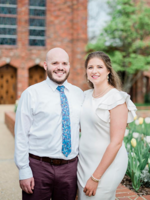 Zumbro and his new wife, Bonnie Sessions, pose outside of the Chapel of Memories at Mississippi State University.