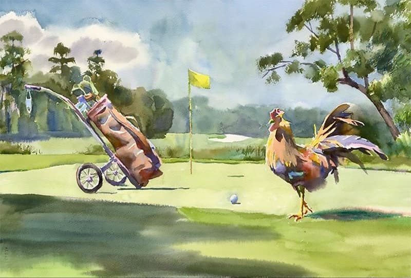 The 2020 Sanderson Farms Championship print has a nod to the pandemic. There are no spectators except for Reveille the rooster, and there's a face mask dangling from the golf bag.