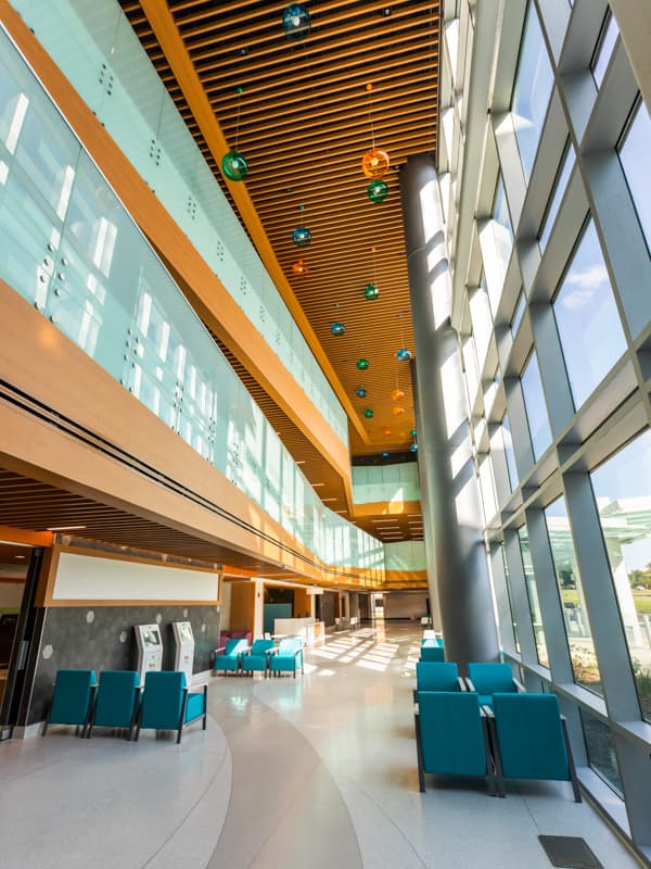 The spacious lobby of the Kathy and Joe Sanderson Tower will be open to patients and their families next month.