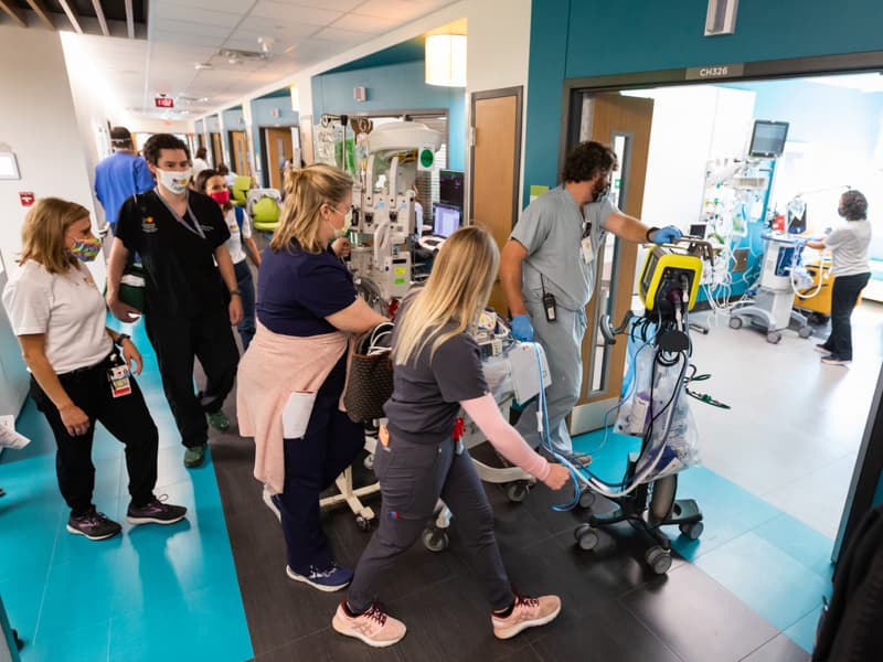 Life-saving equipment moved with patients and their medical teams into new private pediatric intensive care rooms in the Sanderson Tower.