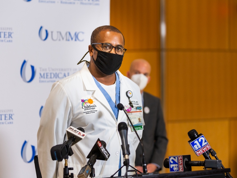 Driscoll DeVaul, director of respiratory therapy, speaks during a Wednesday news conference.