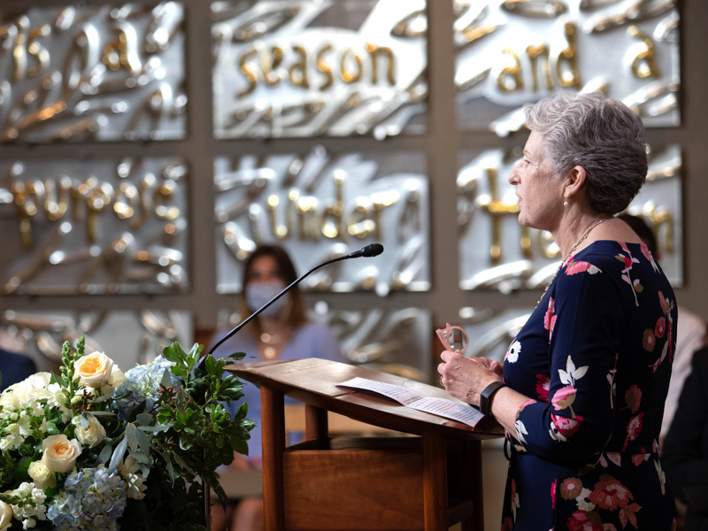 UMMC Chaplain Linda McComb prepares to lead online viewers in a moment of silences during a live stream ceremony of thanksgiving in memory of anatomical donors Tuesday, May 11, 2021.