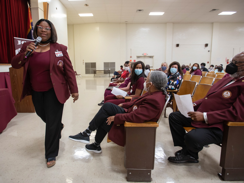 Lanier High School Principal Dr. Valery Bradley speaks at a presentation for the 2021 Governor's Award of Distinction presented to Lanier High School and its providers.