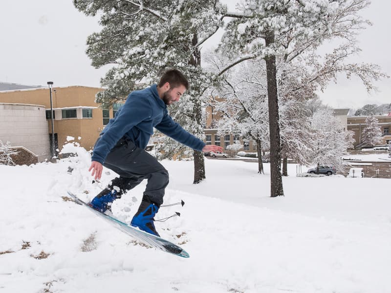 Ferchaud recorded the action on campus when an impromptu snowboarder made the most of a 5-plus-inch snowfall in December 2017.
