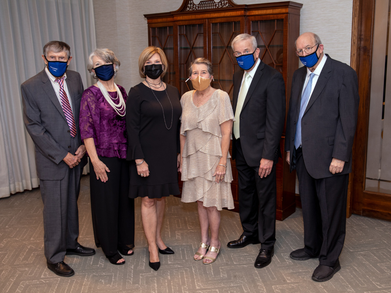 2020 awards recipients or representatives, along with Dr. LouAnn Woodward, are, from left, Dr. Bernard Dreiling; Jeanee Shell, who accepted the award for the late Dr. Bobby Heath; (Woodward); Dr. Diane Beebe; Dr. Randy Voyles; and Dr. Gene Barrett. Honoree Dr. Martina Bebin participated virtually.