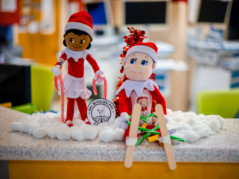 Children's of Mississippi is visited by elves Ruby and Ralphie, who are skiing Mississippi style.