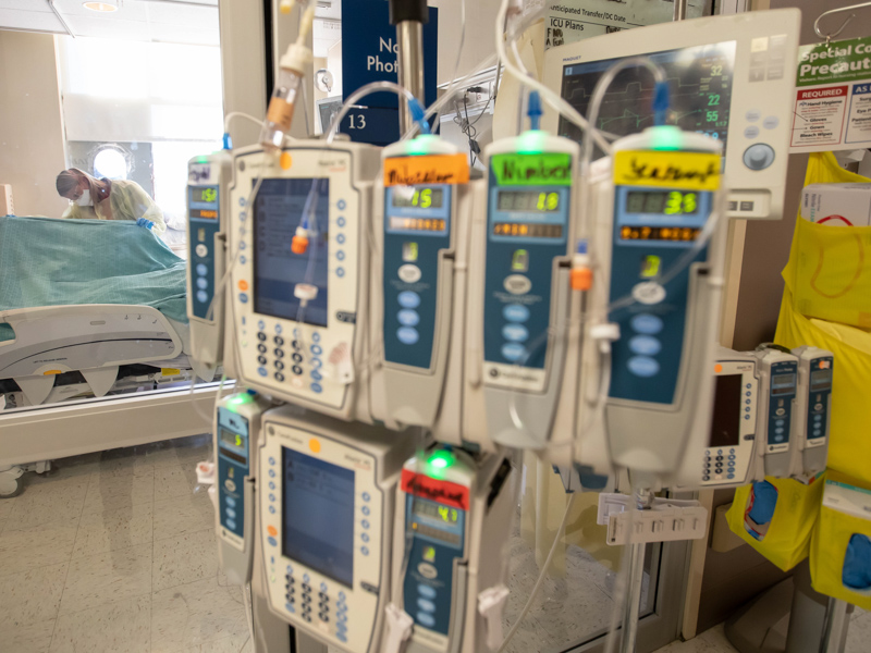 Because an army of medication, ventilation and vital signs monitors are pulled outside the rooms of COVID-19 patients, fewer providers have to enter their rooms.
