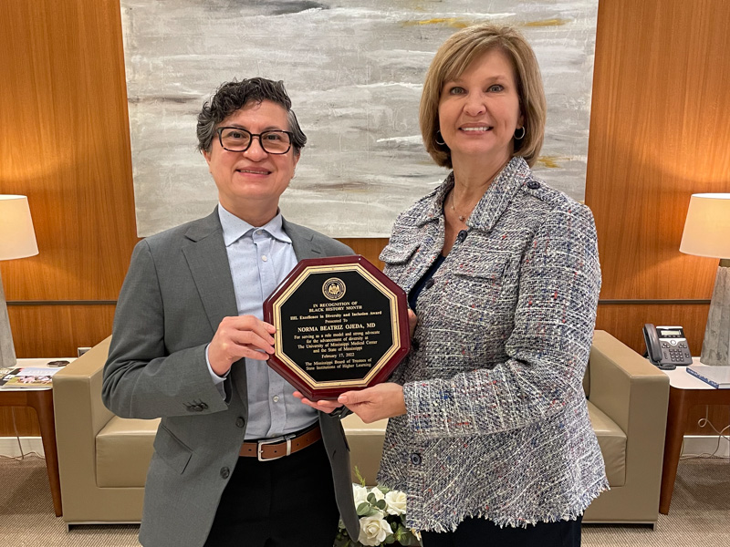 Dr. Norma Ojeda, left, professor of pediatrics and neonatology, was honored Feb. 17 by IHL as UMMC's Excellence in Diversity and Inclusion Award nominee. She is pictured with Dr. LouAnn Woodward, vice chancellor for health affairs and dean of the School of Medicine.