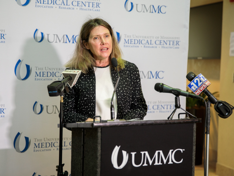 In this 2021 photo, Anne Travis, CEO of the Bower Foundation, is announcing the grant for Building a Strong Future for Nursing in Mississippi.