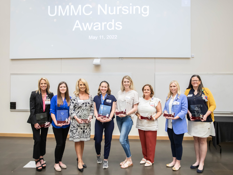 2022 Nursing All-Star winners, from left, are Clinical Research and Trials Unit nurse manager Cathy Hudgins, Bone Marrow Transplant transplant coordinator Jennifer Rouse, Inpatient Surgical Center supervisor Tracy Harbour, University Transplant liver transplant coordinator Anna McGraw, Children's of Mississippi float pool registered nurse Jamie Smith, Pediatric Intensive Care Unit registered nurse Lauren Gordon, Department of Dermatology nurse practitioner Amanda Brown and Pediatric Cardiac Intensive Care Unit registered nurse Sarah Anne Milnor.