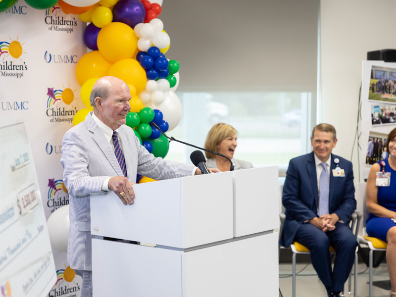Joe F. Sanderson, CEO and board chairman of Sanderson Farms and, with wife Kathy, chair of the Campaign for Children's of Mississippi, shares experiences from the fundraising effort to help build the children's hospital expansion. Melanie Thortis/ UMMC Communications 
