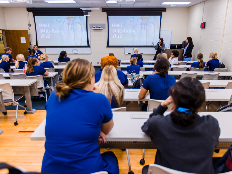 School of Nursing seniors get instructions for a skills relay refresher to welcome them back for the new academic year.