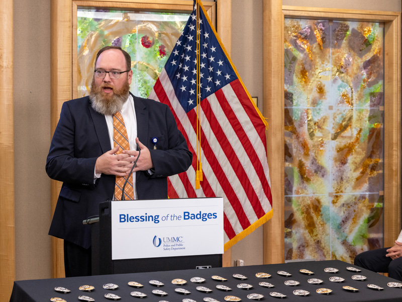 UMMC Chief Administrative Officer Dr. Jonathan Wilson expresses his appreciation for those who keep the campus out of harm's way. Jay Ferchaud/ UMMC Communications