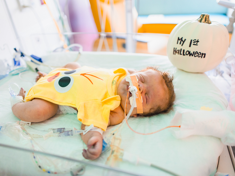 Children's of Mississippi patient Dallas Pritchard of Natchez rests during his first Halloween. Lindsay MCMurtray/ UMMC Communications
