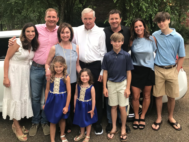 For their 50th anniversary in June 2021, Dr. Randy Voyles and Betty Ann Voyles celebrate with their family members, from left: their daughter-in-law Cameron Voyles; their son Johnny Voyles; grandchildren Elizabeth and Clara (daughters of Cameron and Johnny, standing in front of Betty Ann and Randy Voyles); their son Jason Voyles; daughter-in-law Carolyn Voyles; and grandsons Charlie (in front of Jason) and Jack (sons of Jason and Carolyn). (Photo courtesy of Dr. Randy Voyles)