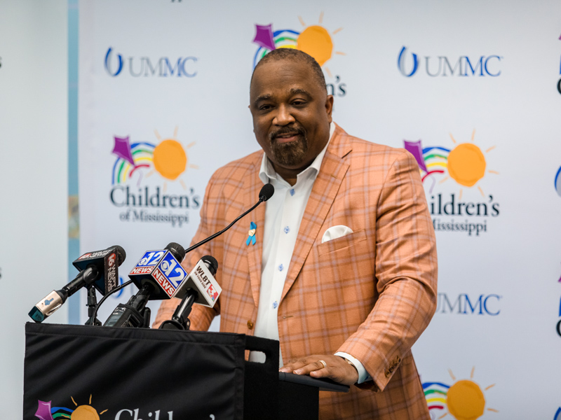 Virgil Miller, incoming president of Aflac U.S., tells Jackson area media about the company's commitment to children with cancer and blood disorders. Lindsay McMurtray/ UMMC Communications
