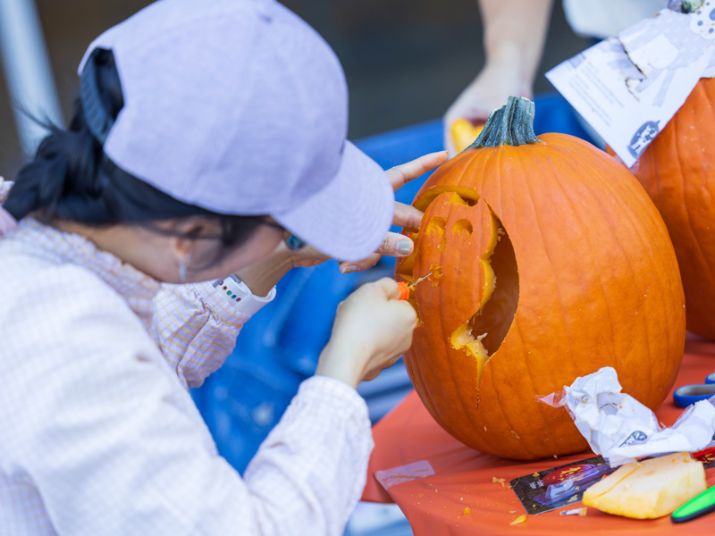 School of Population Health student Tran Le carves an owl into her pumpkin during a Department of Data Science activity. Melanie Thortis/ UMMC Communications 