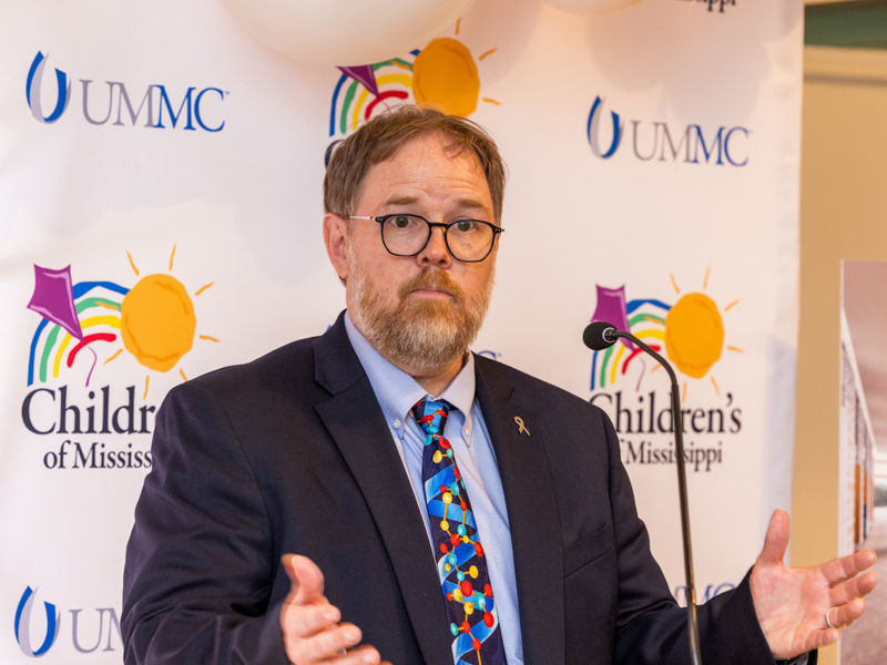 Dr. Anderson Collier, director of the Division of Pediatric Hematology and Oncology and the Center for Cancer and Blood Disorders and D. Jeanette Pullen Chair of Pediatric Hematology and Oncology, speaks during the announcement of renovations at the center. Jay Ferchaud/ UMMC Communications 