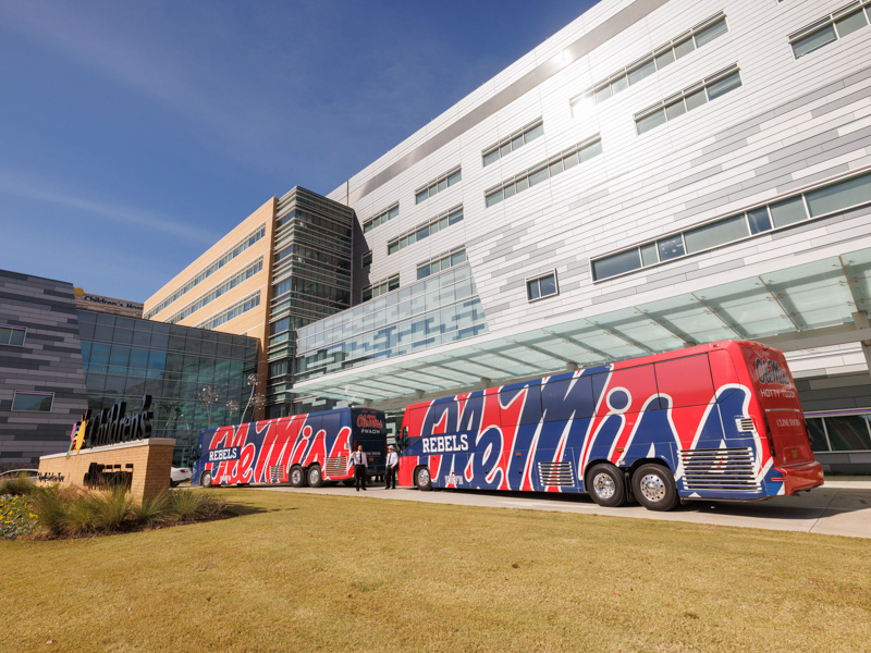 The College World Series-winning Ole Miss baseball team paid a visit to patients at the state's only children's hospital, Children's of Mississippi. Joe Ellis/ UMMC Communications