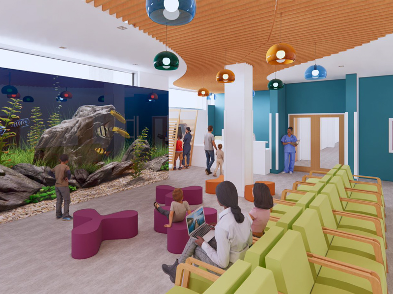 The renovated waiting area of the Center for Cancer and Blood Disorders and its interactive digital aquarium are shown in this architectural rendering.