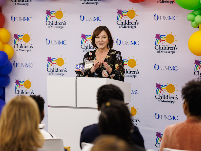 Having cared for Kingston Murriel as an infant, Dr. Mary Taylor, professor and Suzan Brown Thames Chair of Pediatrics, congratulates him on his new role as an advocate for Children's of Mississippi patients.