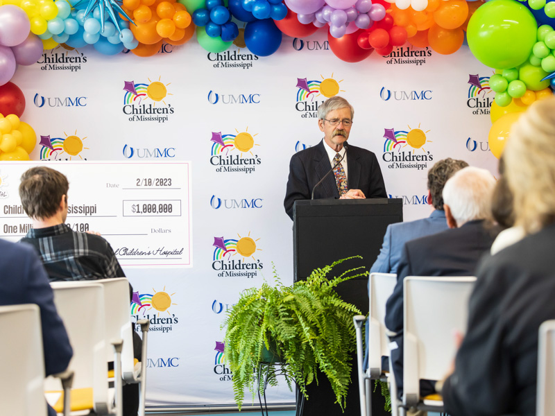 Evans, UMMC's second pediatrics chair, speaks during the announcement of the Dr. Owen B. and Lynn M. Evans Chair of Pediatric Neurology.