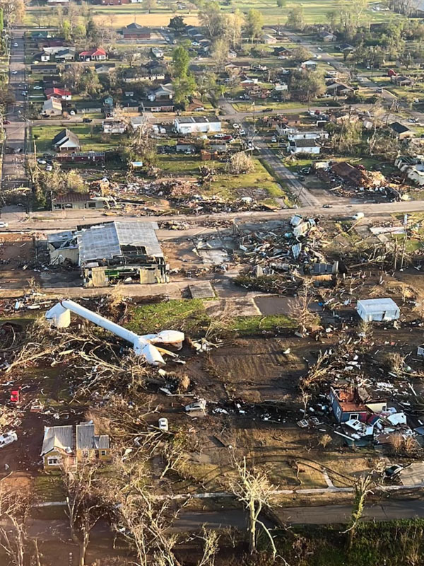 Rolling Fork's fallen water tower can be seen from the air in this photograph taken aboard AirCare as it approaches the city.