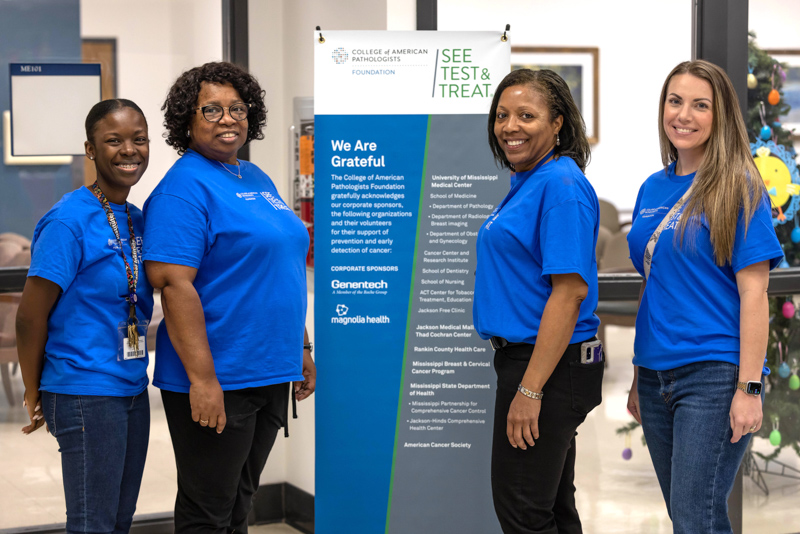 UMMC Cancer Center and Research Institute representatives from the See, Test & Treat event are, from left, Tiara Love, patient resource center manager, Jimmie Wells, program coordinator, Gloria Guilty, accounting manager and Dr. Leslie Musshafen, CCRI interim administrator and executive director in the Office of the Associate Vice Chancellor for Research.  