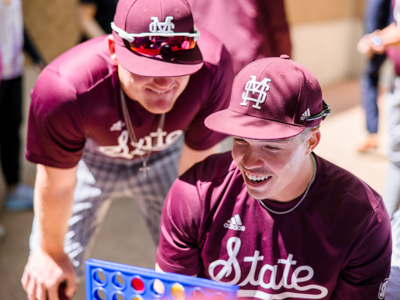Kellum Clark was among Mississippi State baseball players enjoying a game of Connect Four with patients in Children's of Mississippi's Rainbow Garden. Lindsay McMurtray/ UMMC Communications