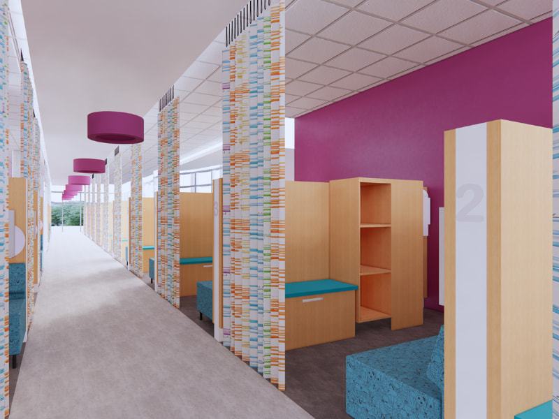 A new larger, semi-private infusion area for the Center for Cancer and Blood Disorders at Children's of Mississippi is shown in an architectural rendering.