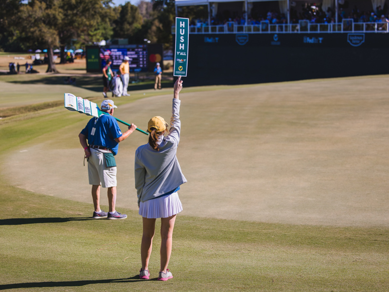 Sanderson Farms Championship volunteers let spectators know when to "hush." Lindsay McMurtray/ UMMC Communications