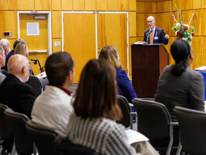 Dr. Scott Rodgers delivers the keynote address during the induction ceremony for The Academy for Excellence in Education, dedicated to creating “something meaningful and transformative at UMMC."