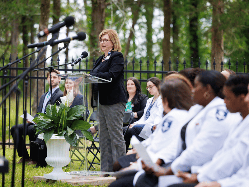 During Wednesday's Ceremony of Thanksgiving in Memory of Anatomical Donors, Dr. LouAnn Woodward, vice chancellor for health affairs and dean of the School of Medicine at UMMC, thanks surviving family members "for carrying out the wishes of the donor in spite of their great sense of loss."