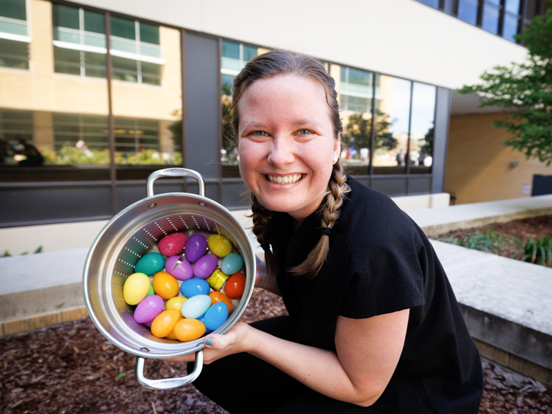 Medical student Jamey Martin used a colander to hold Easter eggs.