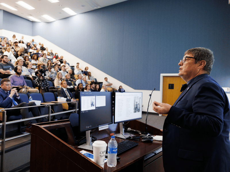 Stray addresses attendees of the 2024 Last Lecture series.