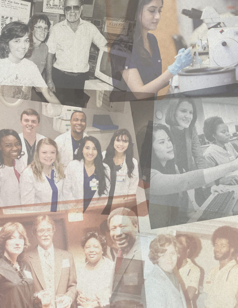This photo collage from a recent issue of SHRP REACH, the alumni publication for the School of Health Related Professions, includes images from the early years of the school.