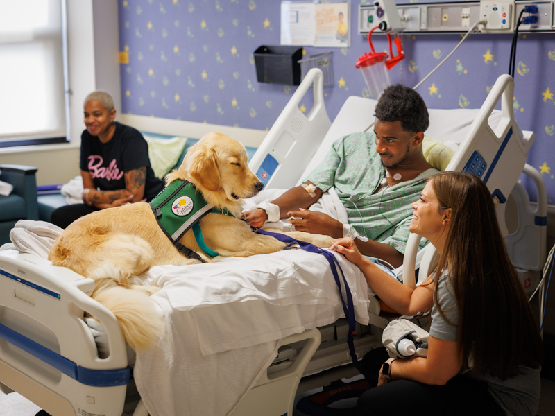 Children's of Mississippi patient Cayden Myers of Camden gets a visit from Hollywood and the facility dog's handler, child life manager Cara Williams. Joe Ellis/ UMMC Communications