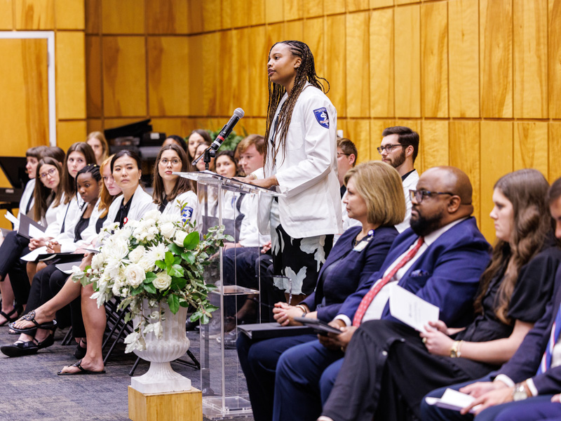 First-year medical student Morgan McCray is one of UMMC six students who personally thanked the donor families. Referring to the donors themselves, McCray said, “We saw the physical form, but we didn’t know the full lives behind them …, their laughter, their passion, their stories or the love they shared with each of you. And yet, in the quiet space of our anatomy lab, we felt the weight of their humanity.”