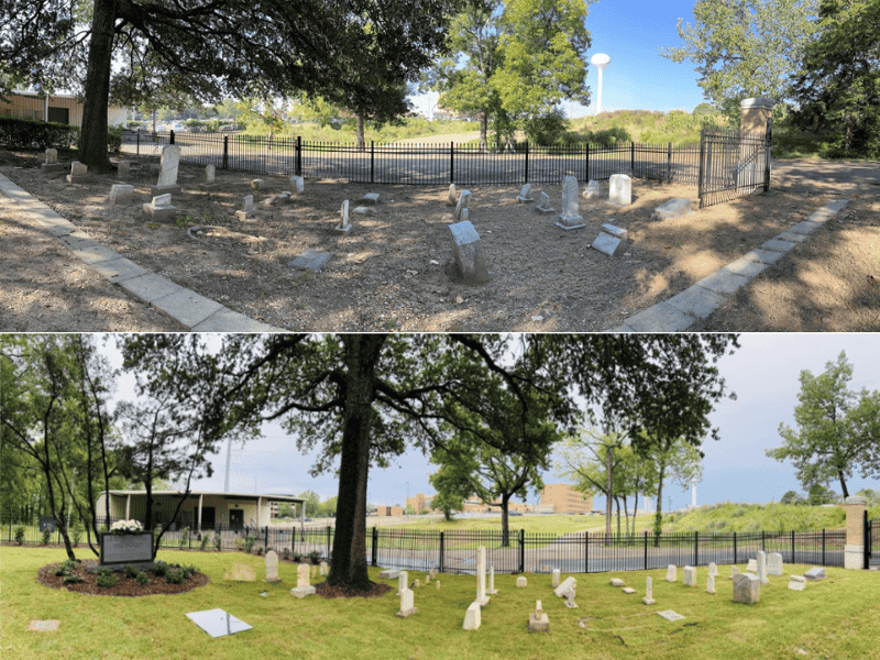 Above: Dingy stones and a dearth of grass marked the cemetery in this before photo. Below: Sodding and a cleaning solution have served to spiff up the cemetery in this after photo. (Photos courtesy of Dr. Norma Ojeda)