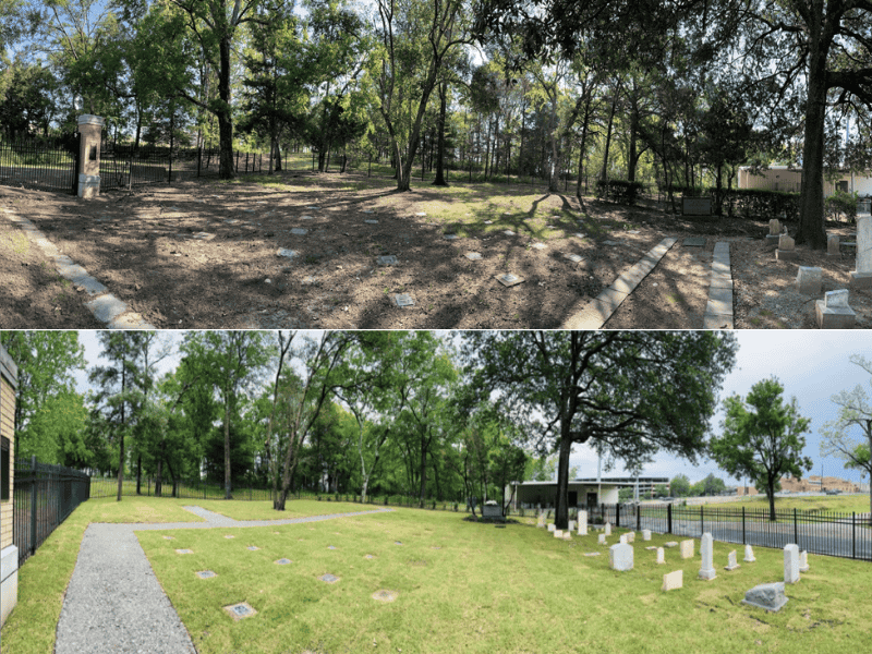 Top: In this before photo, this section of the cemetery is barren of grass and lacks a commodious walkway. Bottom: An ample walkway and gleaming gravestones mark the cemetery after the efforts of the grounds crew and UMMC volunteers. (Photos courtesy of Dr. Norma Ojeda)