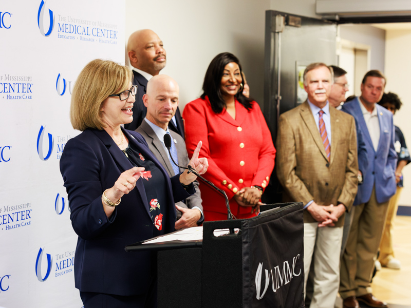 Dr. LouAnn Woodward, vice chancellor for health affairs, kicks off celebratory ribbon cutting for the Mississippi Burn Center.