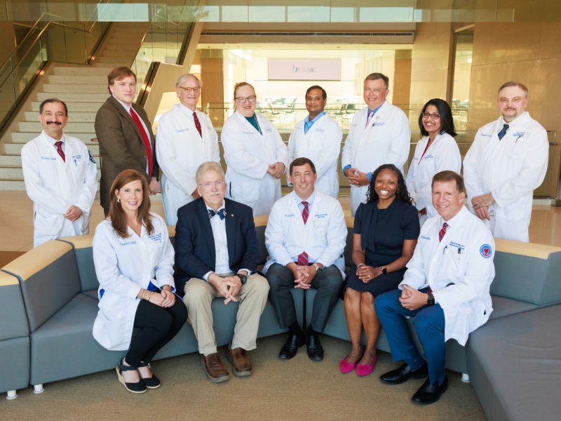 The chiefs of the Department of Medicine's 13 divisions include: (back row, from left) Neville Rohinton Dossabhoy, nephrology; Frederick Asher, hospital medicine; John Mansel, palliative and supportive care services; Kim Tarver, geriatrics; Vishnu Garla, endocrinology; Jason Parham, infectious diseases and digestive diseases (interim); Devika Das, hematology and oncology; Pawel Pomianowski, genetics and genomics; (front row) Michelle Horn, general internal medicine; Gailen Marshall, clinical immunology; Michael Hall, chair; April Carson, Jackson Heart Study director; and Michael McMullan, cardiology.